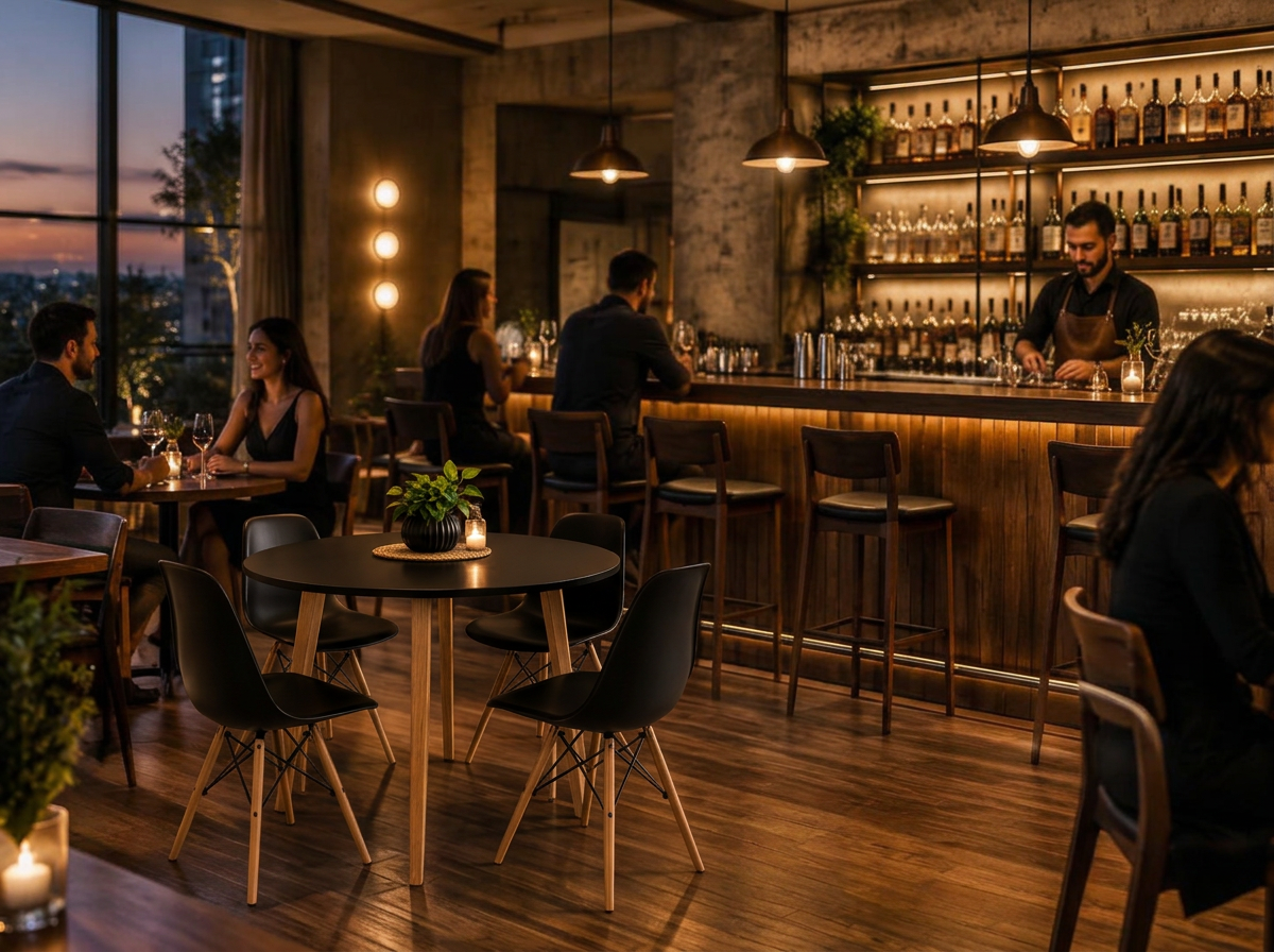 Jogos de mesa Veneza pretos da Lar DecorArte em bar contemporâneo