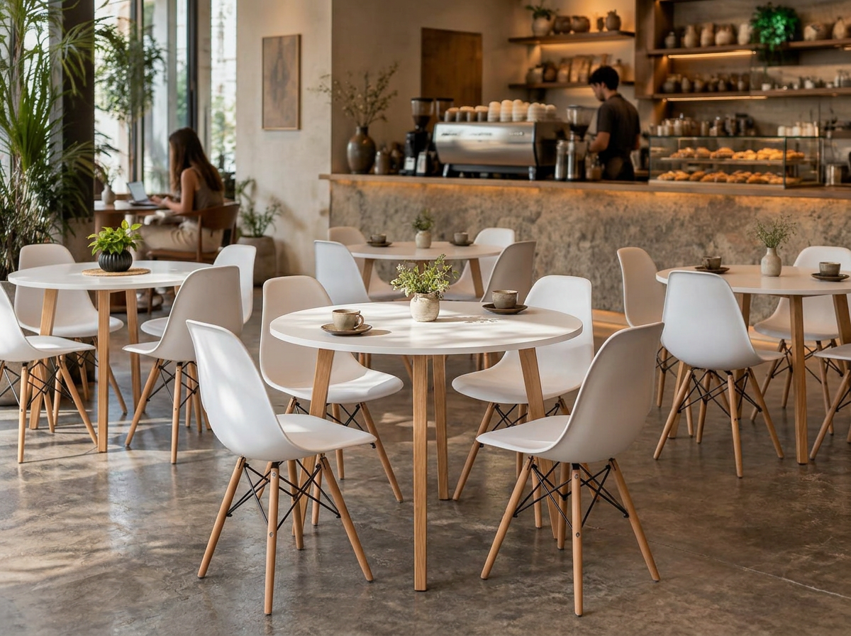 Jogos de mesa Veneza brancos da Lar DecorArte em cafeteria contemporânea