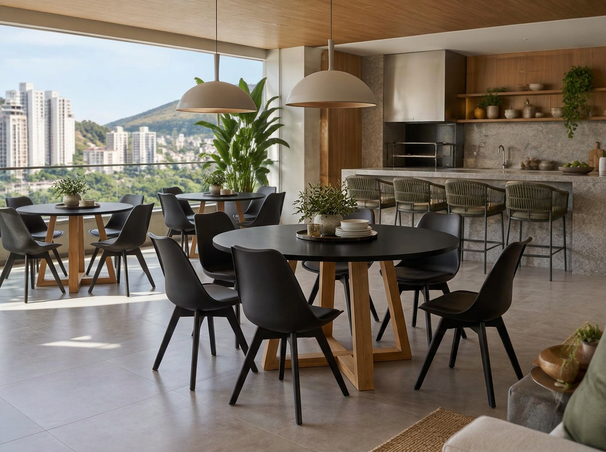Jogos de mesa Verona pretos da Lar DecorArte em espaço gourmet de condomínio