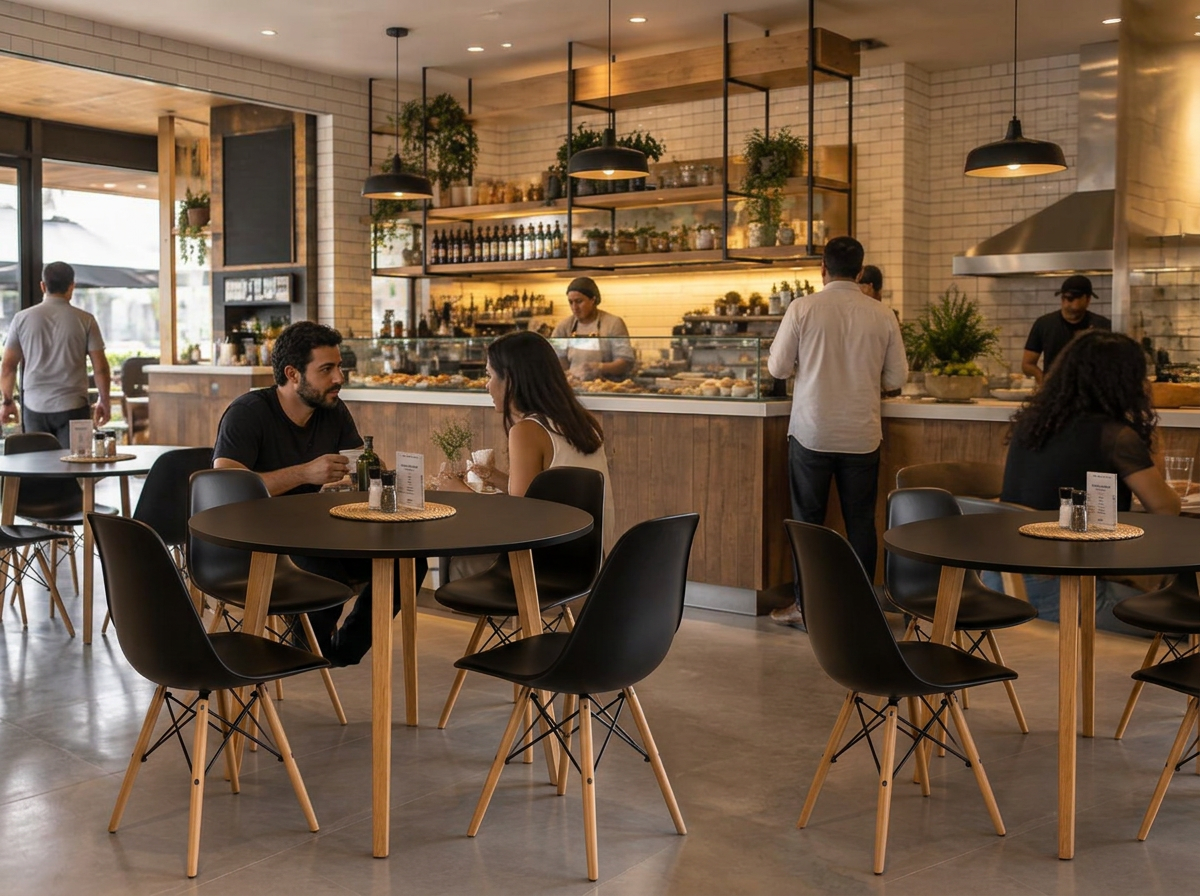 Jogos de mesa Veneza pretos da Lar DecorArte em lanchonete moderna
