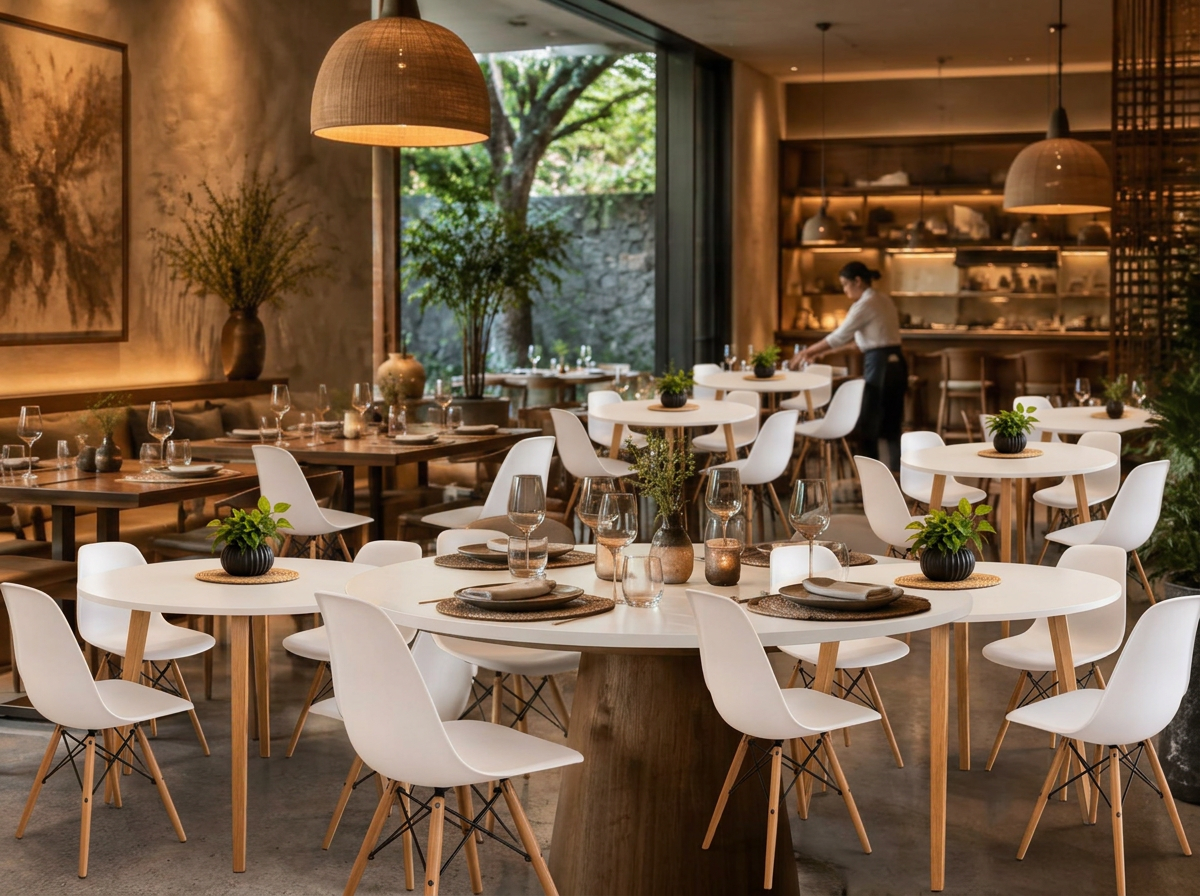 Jogos de mesa Veneza brancos da Lar DecorArte em restaurante sofisticado