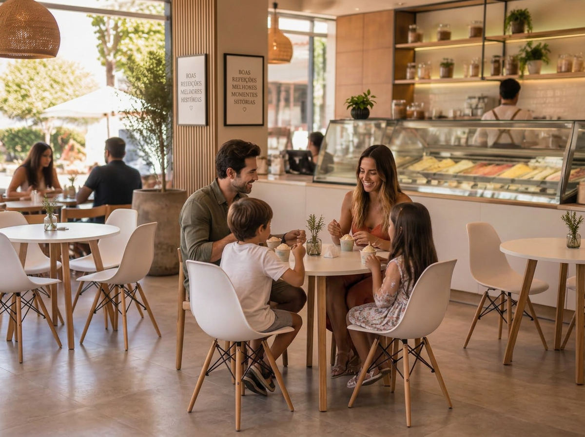 Jogos de mesa Veneza brancos da Lar DecorArte em sorveteria contemporânea